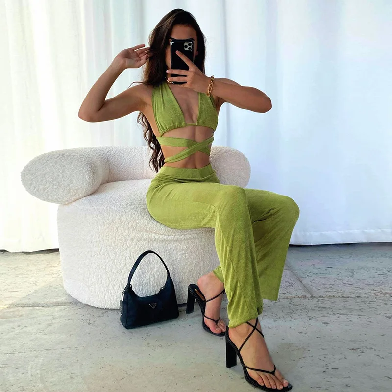 Hollow Bandage Summer Suit Sleeveless Halter Backless Green Tank Top for Women Wide Legs Trousers Party Sexy Slim Apparel vest