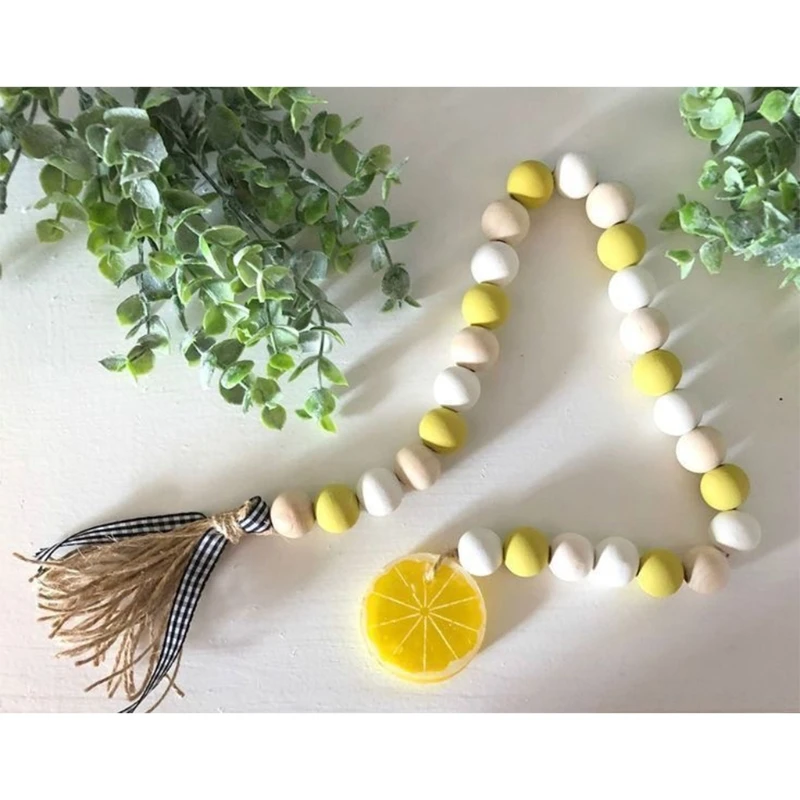

Lemon Wood Bead Garland Farmhouse Rustic Beads with Tassel Slice Home Natural Country Chic Decor H051