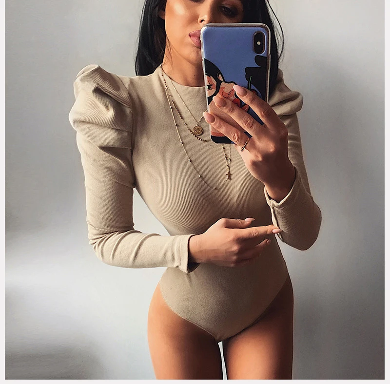 

Puff Sleeve Bottoming Shirts Women Bodysuit Top Solid Color Long Sleeve Rib Knit One-Piece Leotard Tops Fall Spring Lady Tops