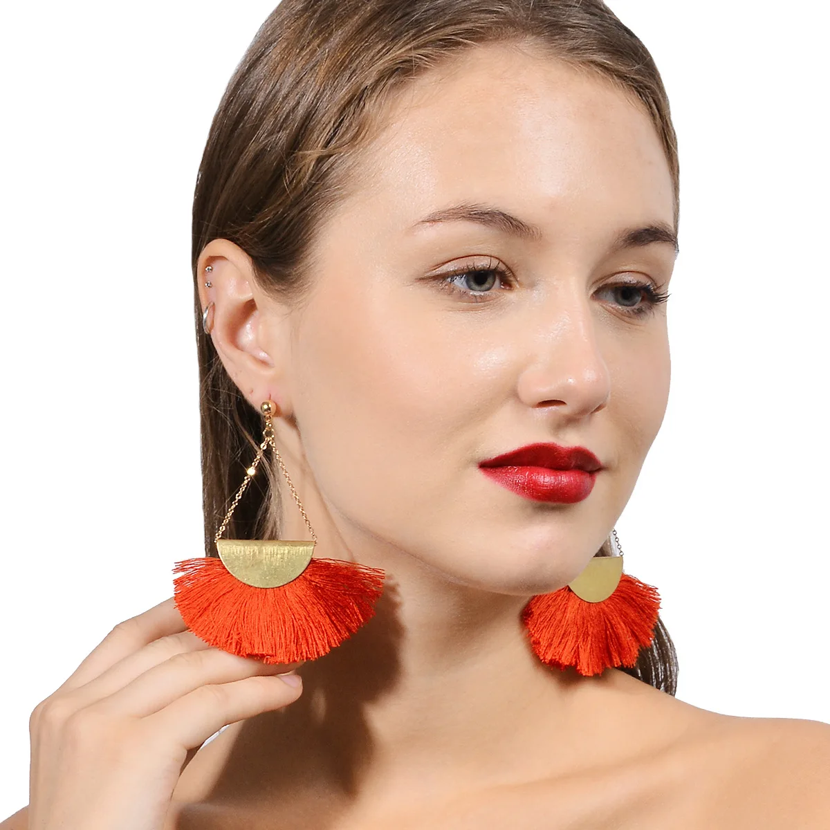 

Ethnic Style Fashion Temperament Earrings Geometric Fan-Shaped Alloy Chain Triangle Earrings Tassel Earrings