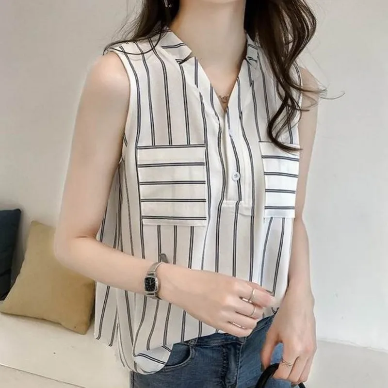 

Женская шифоновая блузка в полоску, с V-образным вырезом, размеры до 4XL