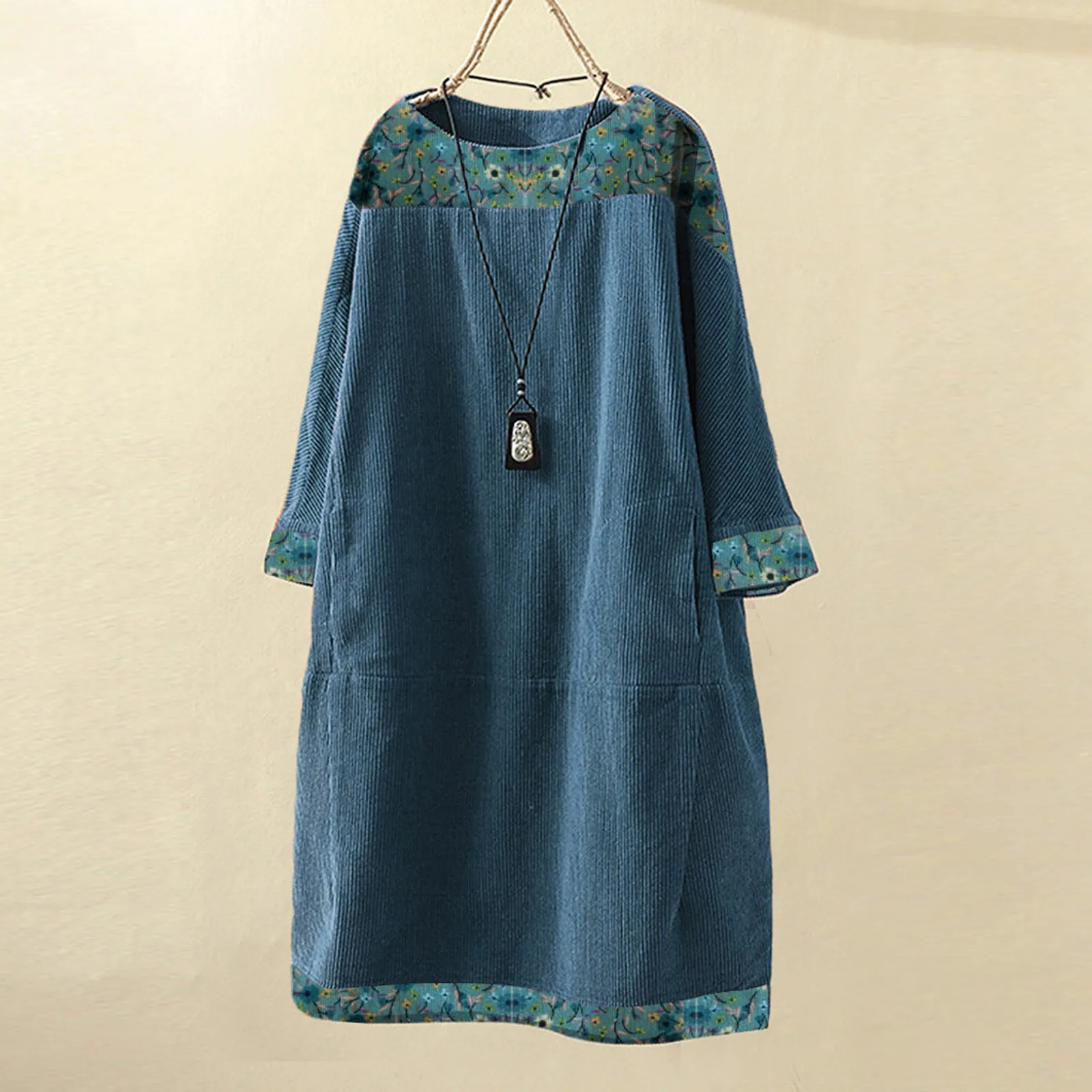 

Corduroy Vintage Patchwork Women Ethnic Pockets Long Dress Print Sleeve Loose Women's Dress