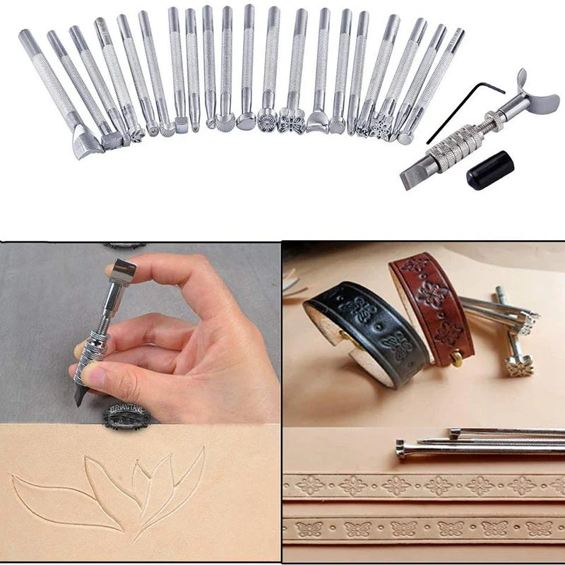

28PCS Leather Embossing Tools Leather Craft Tools Different Shape Stamps Set DIY Punch Wooden Hammer Embossing Beveler Tools Kit