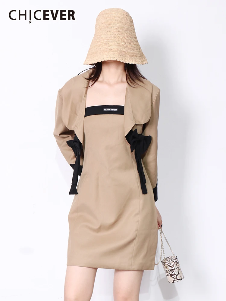 

CHICEVER Chic Patchwork Bow Two Piece Set For Women Lapel Long Sleeve Tops High Waist Strapless Slim Dress Female Sets Fashion