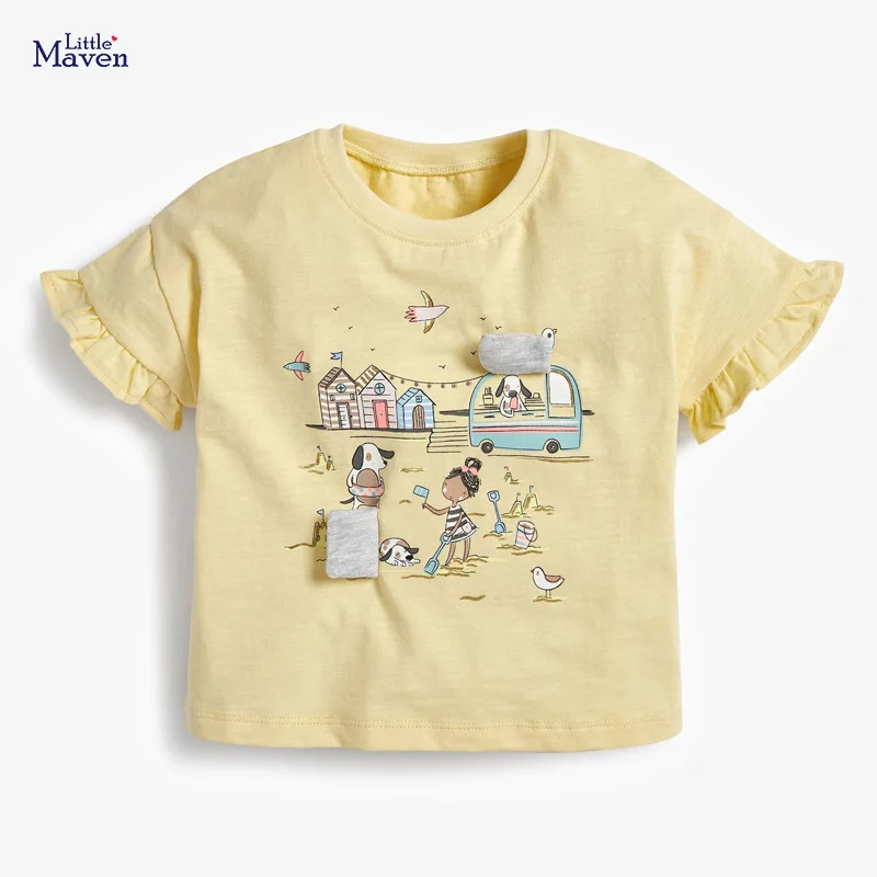 

Little maven 2022 Baby Girls Clothes Cotton Tops Cartoon Village Children Casual T-shirt Summer Lovely for Kids 2-7 year