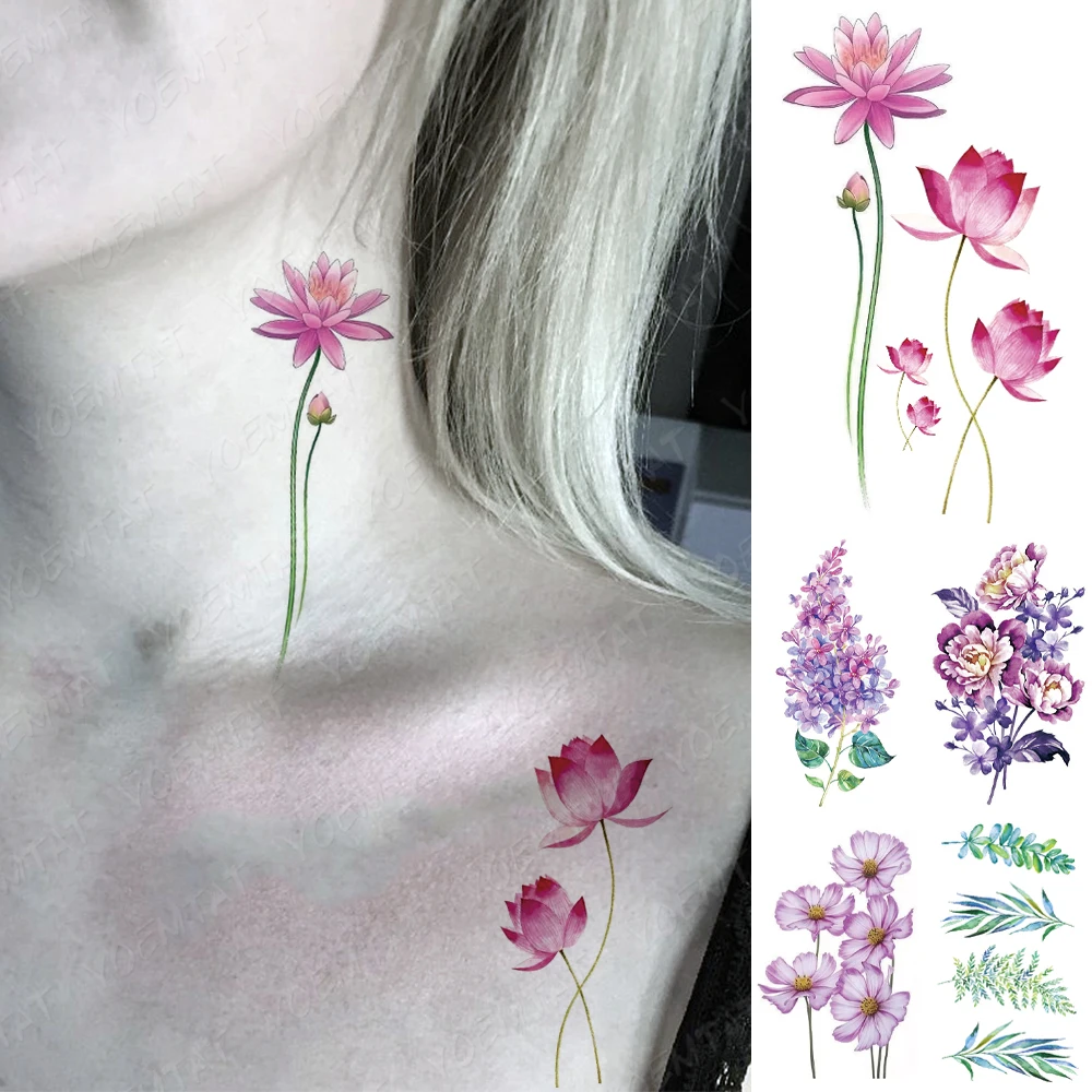 

Водостойкая Временная тату-наклейка розовые цветы лотоса флэш-тату растения листья на запястье поддельные татуировки для боди-арта для жен...