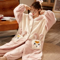new winter sleepwear woman pajama velvet thickened flannel coral cartoon home suit length to keep warm extended hooded long