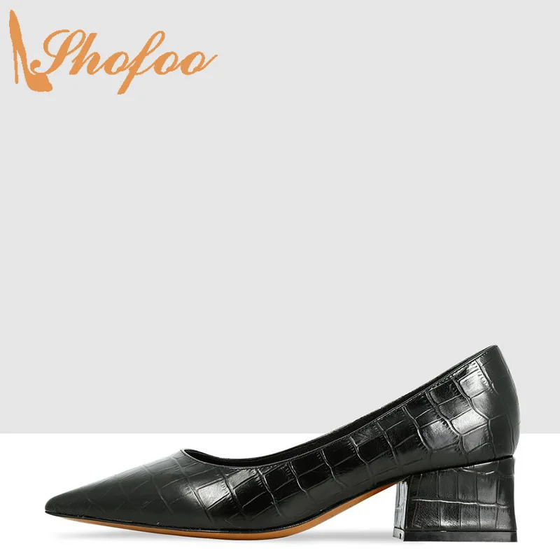 

Black Plaid Textured Woman's Pumps Chunky Heels Pointed Toe Autumn Office Fashion Mature Ladies Shoes Large Size 12 15 Shofoo