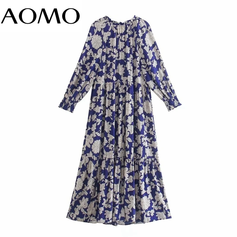 

AOMO 2021 Women Flowers Print French Style Long Dress Puff Sleeve Ladies Dress 3H806A