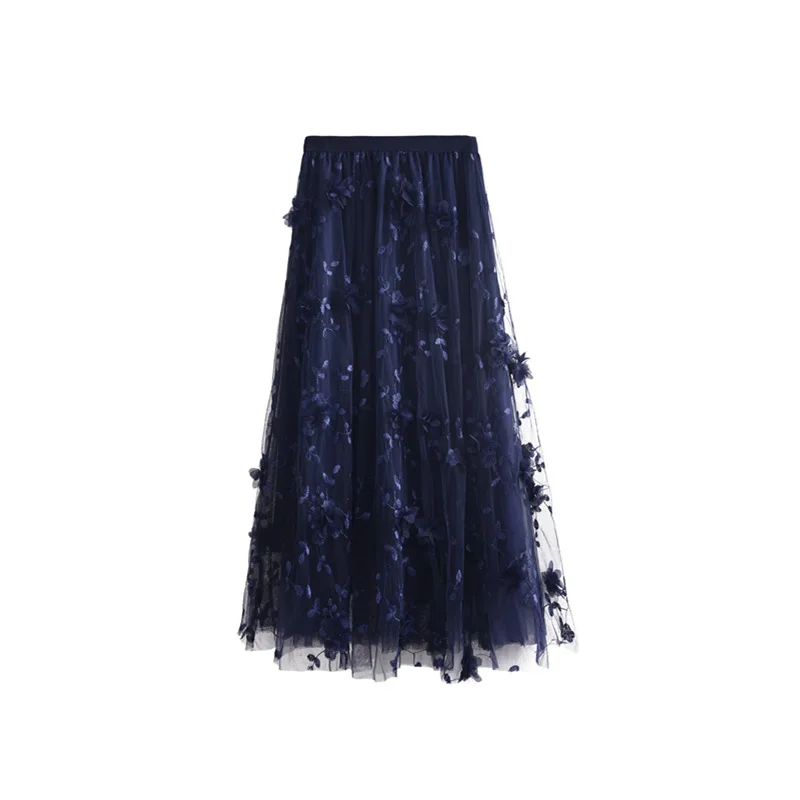 Женская сетчатая юбка с цветочной вышивкой Повседневная Длинная Однотонная