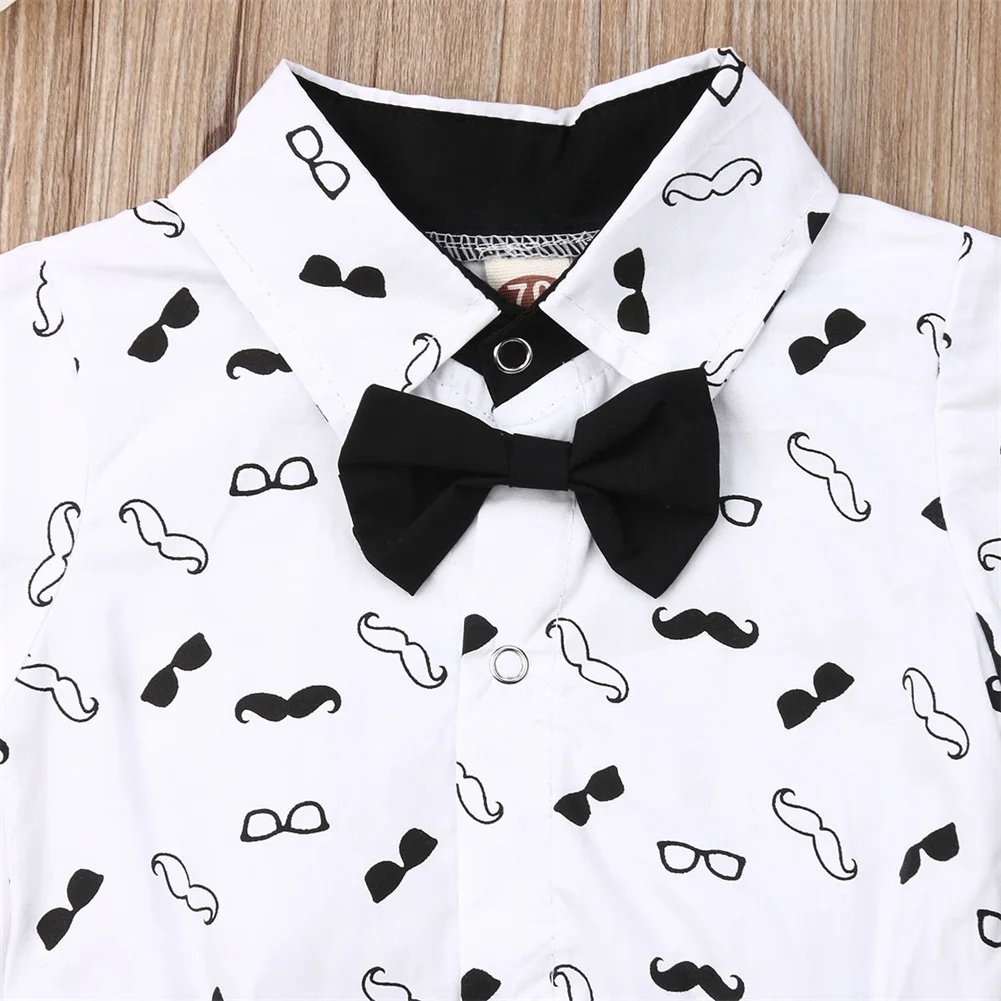 PUDCOCO NEWBORN Baby Boy Formal Party Wedding Bow Romper + Bib Pants Clothes Short Sleeves Printed Sunsuits |
