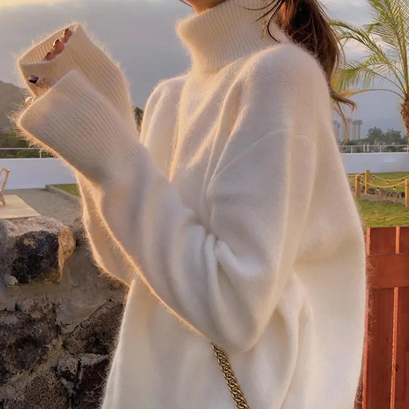 

2022 Autumn And Winter New Mohair High Neck Long-sleeved Sweater Women Loose Outer Wear Pullover Pure Color Knitted Top