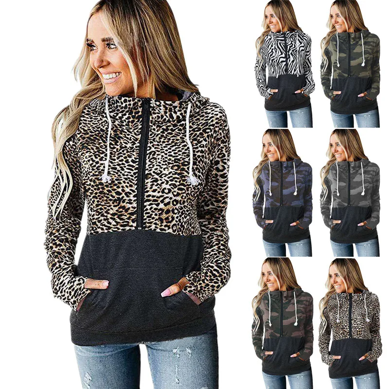 

Women Spring Autumn Casual Leopard Patchwork Zipper Long Sleeves Hooded Sweatshirt Tops Pullovers Pocket Hoodies Hoody Ladies