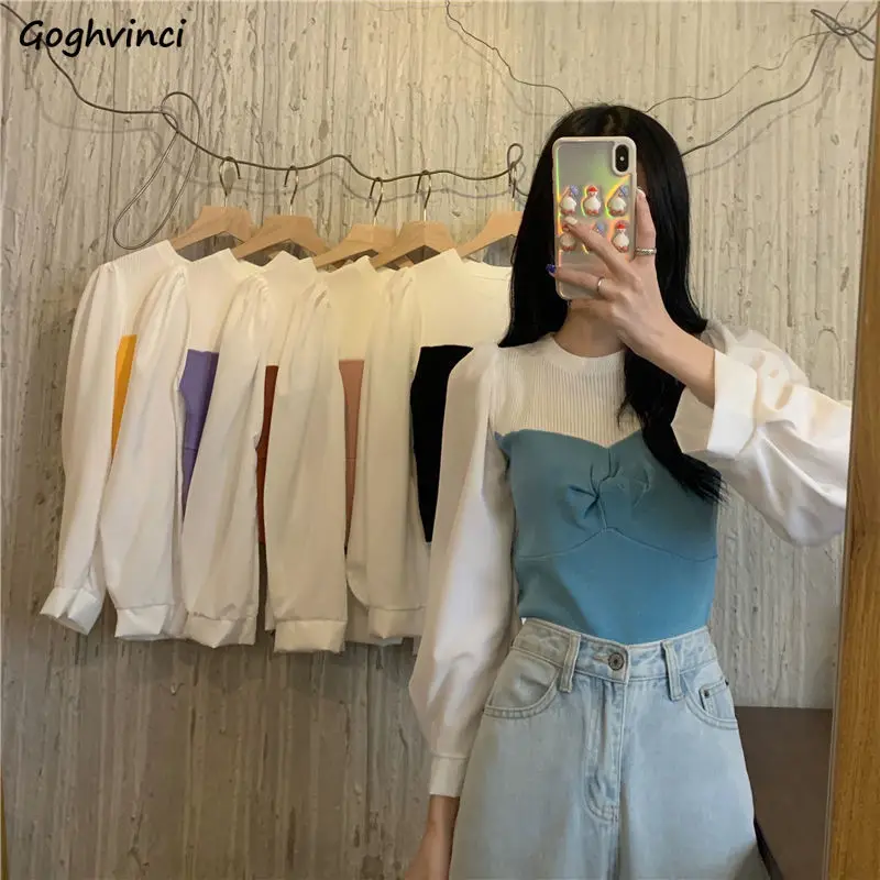 

Pullovers Women 6 Colors Full Puff Sleeve New Arrive Autumn Design Slim O-Neck Sweet Patchwork Fashion Girlish Casual Daily Ins