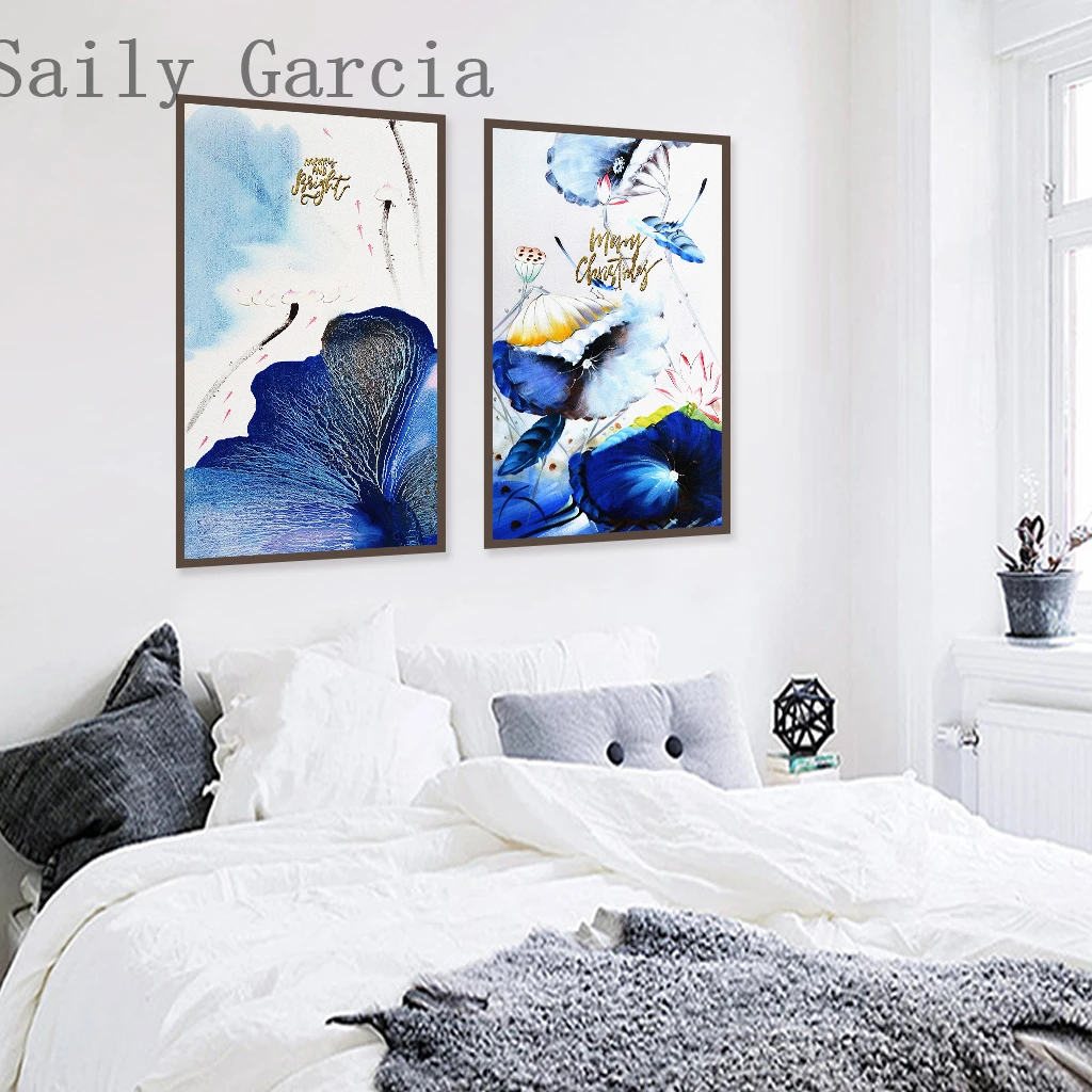 

New Chinese Style Blue Ink Lotus Animal Flying Bird Golden English Letters Decorative Painting On Canvas Mordern Room Decor