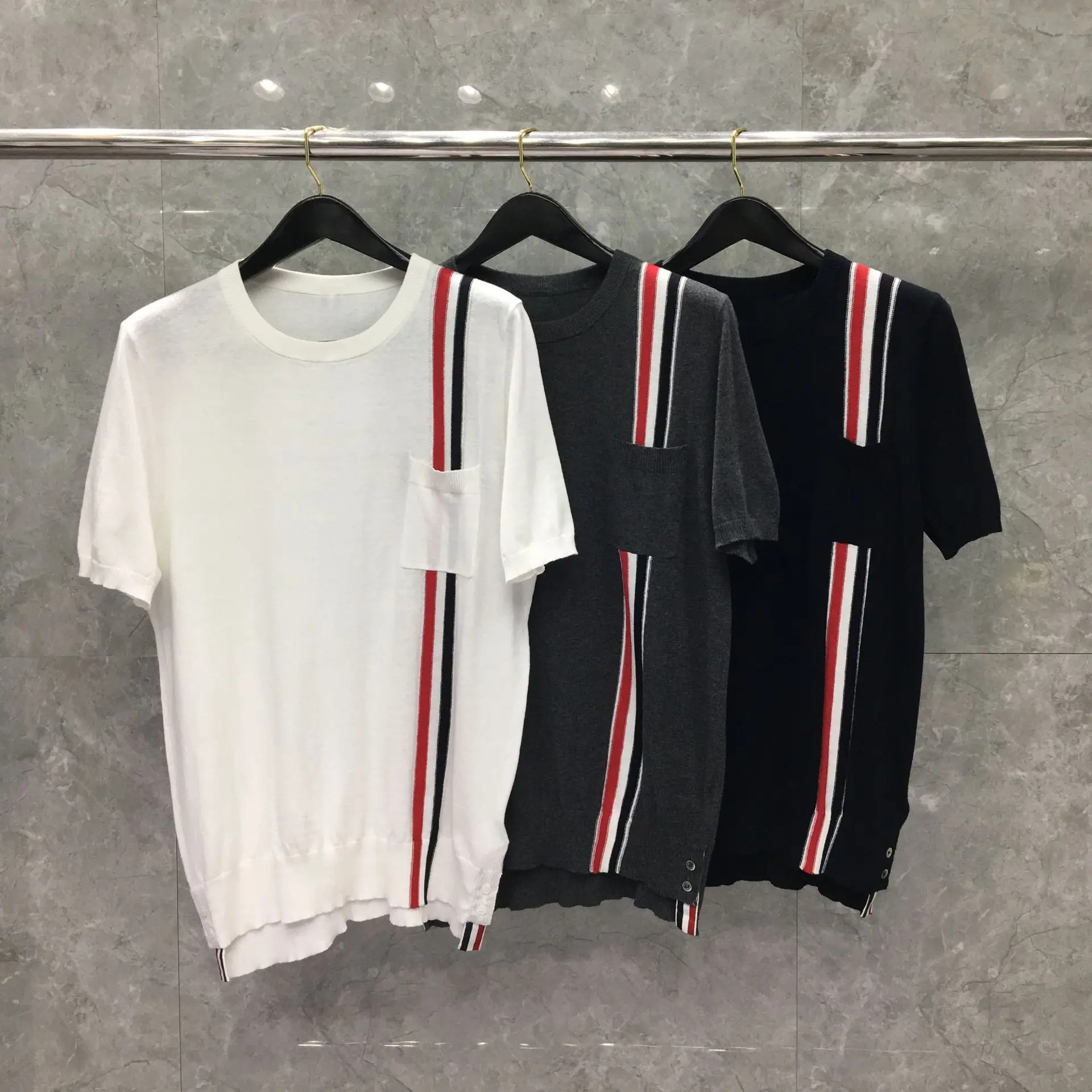 

TB THOM BULUO New Fashion Brand T-shirt O-Neck Collar Striped Short-sleeved T-shirt Men Women Cotton Slim Summer Clothing