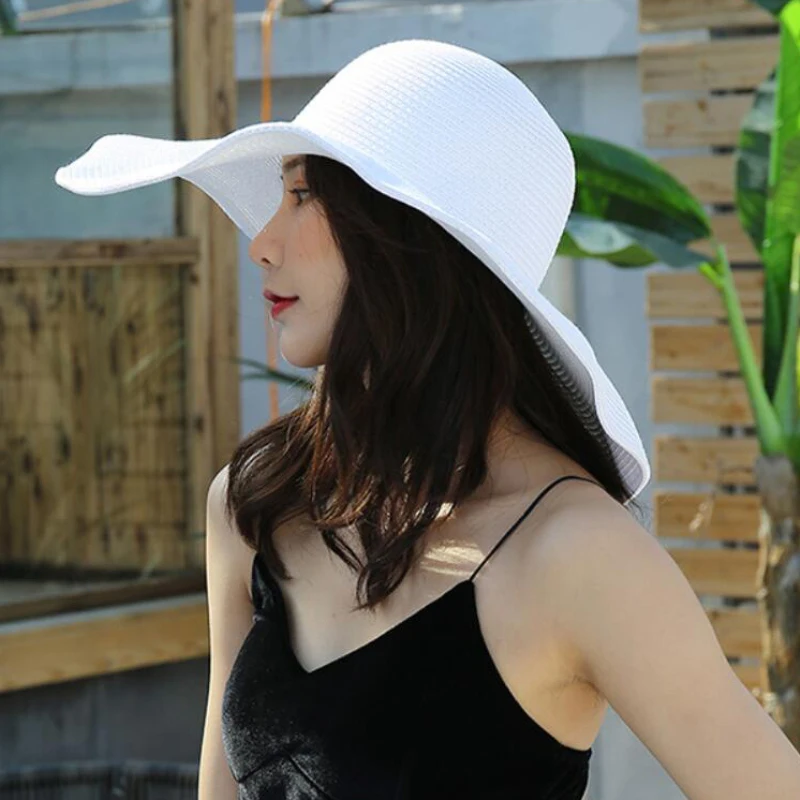 

2021 Fashion Big Large Wide Brim Hat Solid Plain Floppy Beach Sun Hat Packable Summer Hats for Women Lady Straw Hat Beach Cap