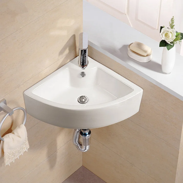 

White triangular ceramic washbasin, wall mounted simple washbasin and faucet free bowl for bathroom