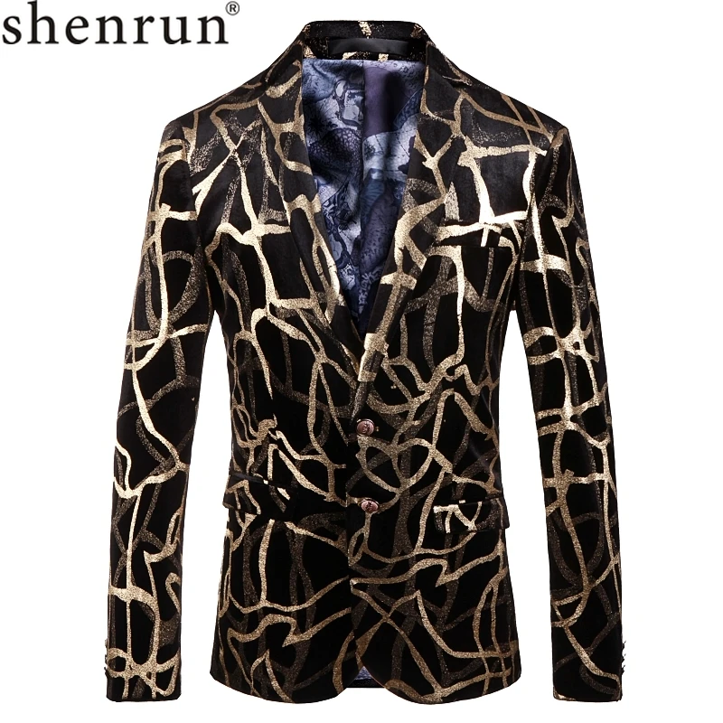 Мужской пиджак Shenrun блейзеры облегающий модный костюм с золотым принтом в