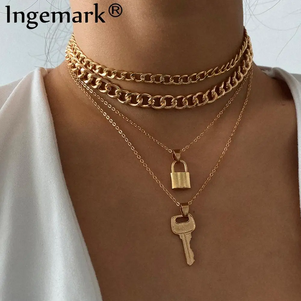 

Rock Cuban Big Chunky Chain Lover Lock Pendant Choker Necklace Steampunk Hip Hop Padlock Hey Chain Necklace Women Couple Jewelry