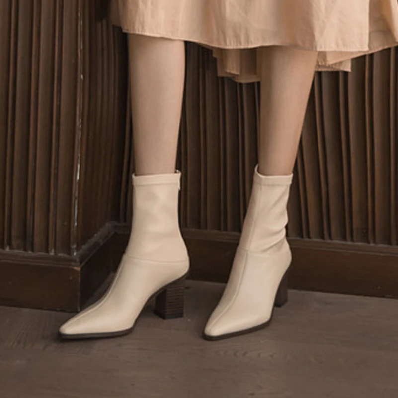 

ANNYMOLI Real Leather High Heel Short Boots Women Shoes Pointed Toe Zip Thick Heels Fashion Ankle Boots Autumn Black Beige 43