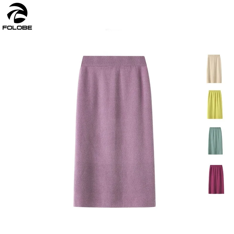 

FOLOBE 2021 Autumn and Winter New Knitted Bag Hip Skirt Skirt Ladies Sweet Skirt Solid Color Stitching Long Skirt Woman Skirts