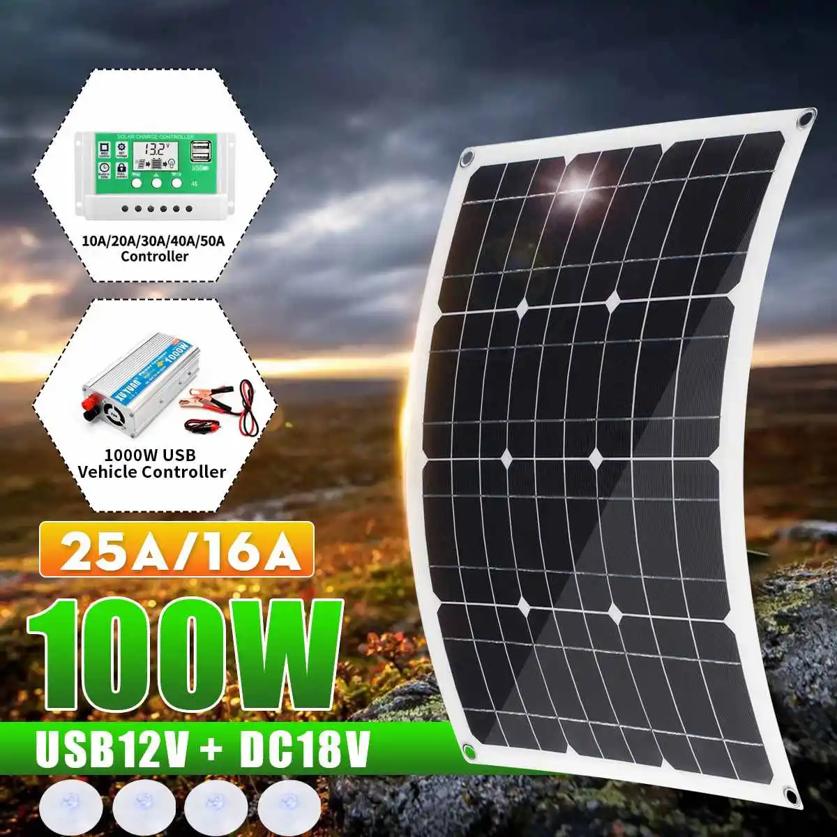 Jual 100W 200W Sistem Tenaga Surya 1000W Inverter USB Kit Lengkap 10/20/30/40/50A Pengendali Panel Surya Mobil RV Pengisi Daya Baterai