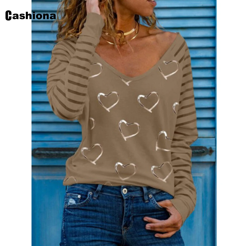 

Cashiona Plus size Women's Top Elegant Leisure Casual T-shirt Long Sleeve V-neck Bubble Print Femme Patchwork Stripe Tees shirt