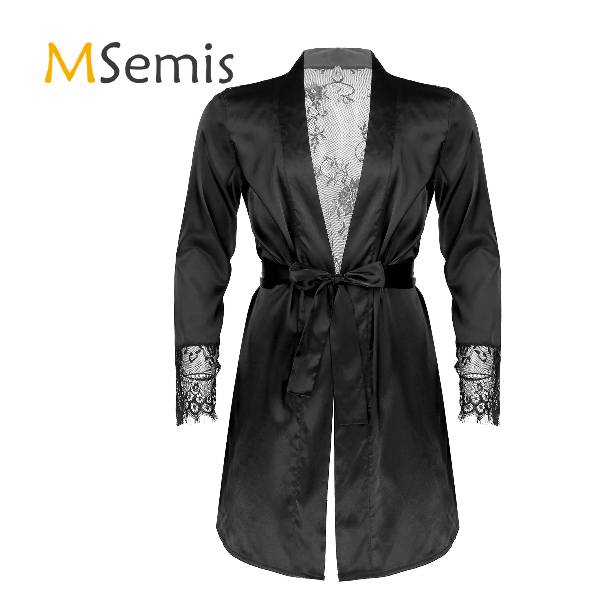 

Mens Lingerie See-through Floral Lace Satin Night-robe Nightwear Patchwork Long Sleeve Robes Kimono Belted Bathrobe Sleepwear