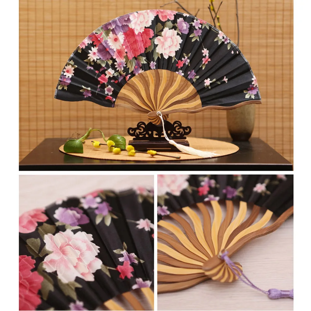 

Chinese Style Handheld Foldable Dance Fan Vintage Silk Bamboo Flower Fan Birthday Present Home Party Wedding Decor