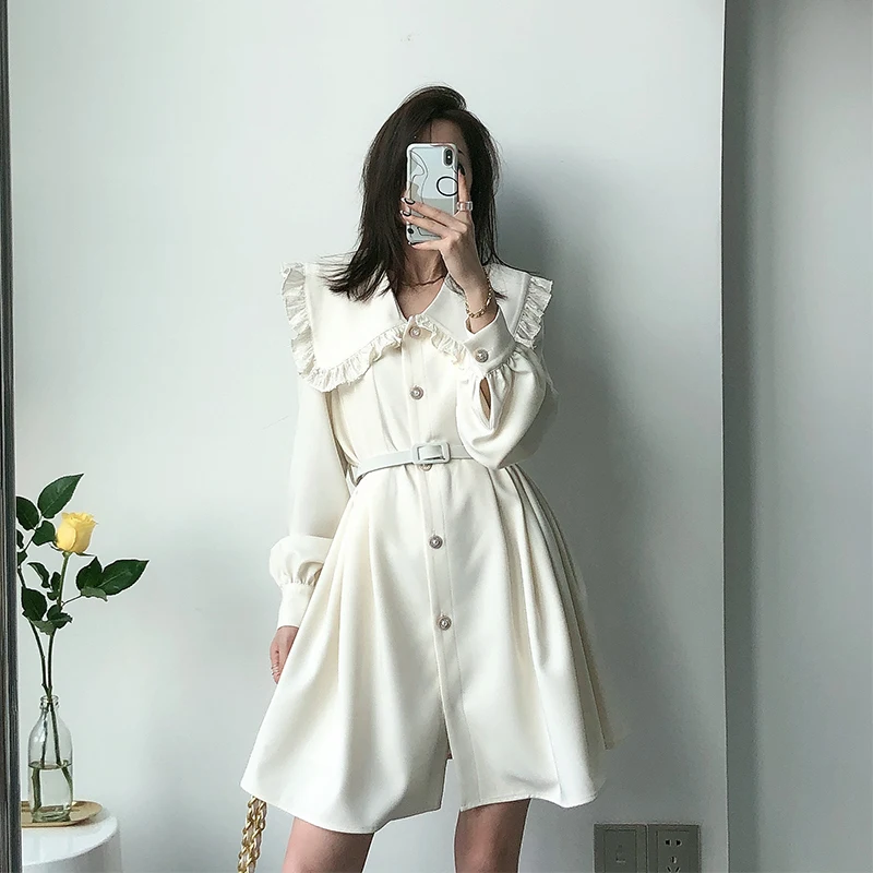 

Autumn Elegant Women Chiffon Dress Korean Clothing Solid Color Vestidos Loose Doll Collar Long Sleeve Mini Dress Female Robe