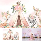 Лесной стиль сафари фон День рождения девочек Baby Shower баннер с изображением розовых цветов Акварель дикий палатка для животных фон для студийной фотосъемки