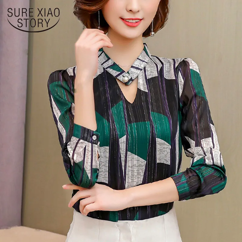 2018 блузка принтом рубашка шифоновая женская рукавом Плюс Размер длинным Офисная