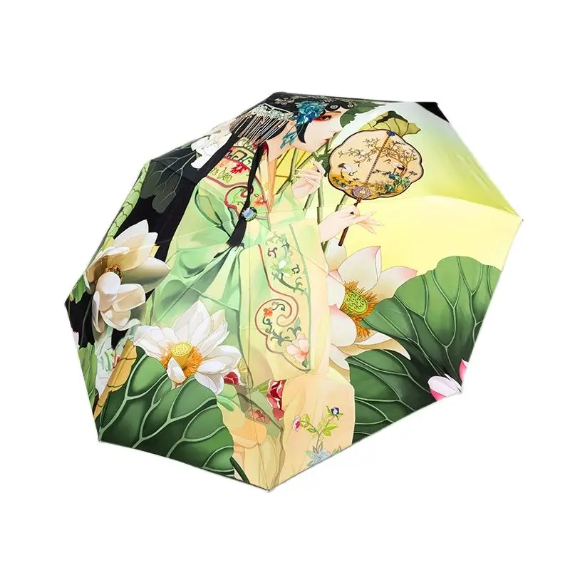 

Автоматический зонт от дождя тройного сложения в стиле ретро, для студенток, с черным покрытием, защита от УФ лучей, Солнцезащитный зонт для ...