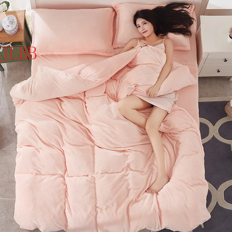 

2021 winter Fleece bedding set reversible duvet cover double side flannel flat sheet 3/ 4pcs bed linen home bedclothes caroset
