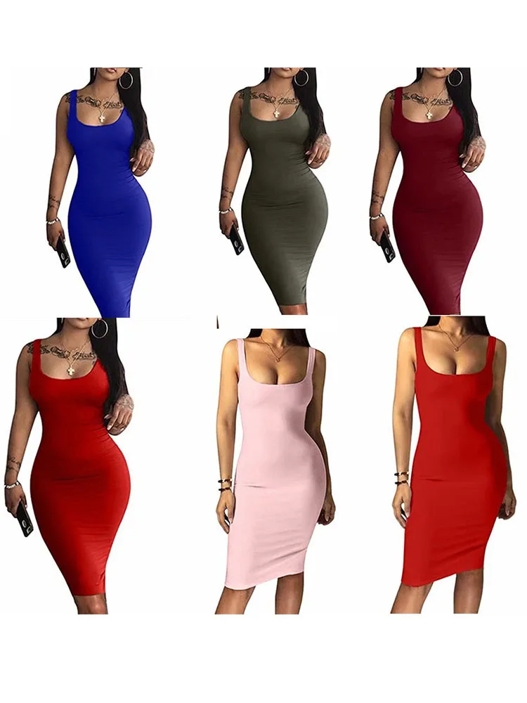 

Basic Vest Dress Summer U-neck Party Dresses Knee-length Sexy bodycon ladies Off-the-shoulder clothes Woman Sleeveless Vest