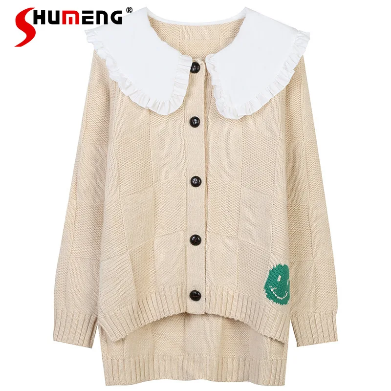 

Осень 2021 Новинка кукольный воротник с длинным рукавом вышивка смайликом свободный и необычный вязаный кардиган плотный женский