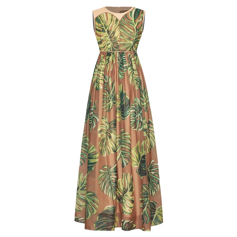 HIGH Quality 2020 Newest Fashion Runway Dress Women's Sleeveless Leaves Print Midi DRESS | Женская одежда
