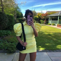 2021 new vintage short puff sleeve bodycon dress women turn down collar yellow sexy mini draped button casual party dresses y2k