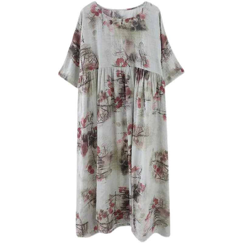 

shot spot 2021 summer new literature and art large size fat mm loose and thin printing short sleeve medium length dress