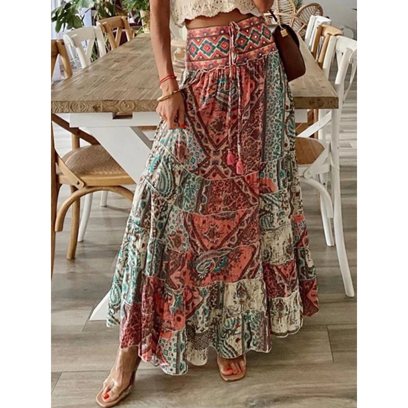 

Boho Skirt 2021 Summer New Women Fashion Holiday Wind Tower Skirt Summer Long Skirts Floral Printing Skirt Plus Size