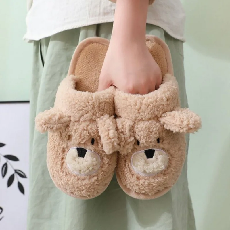 Шлепанцы женские зимние с рисунком милой собаки мягкие теплые плюшевые домашние