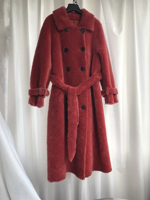 wine red Новое пальто для стрижки настоящей Овцы Женская шерстяная куртка пальто из натурального меха с меховым поясом размера плюс 100 см длиннее F1099 - Цвет: wine red
