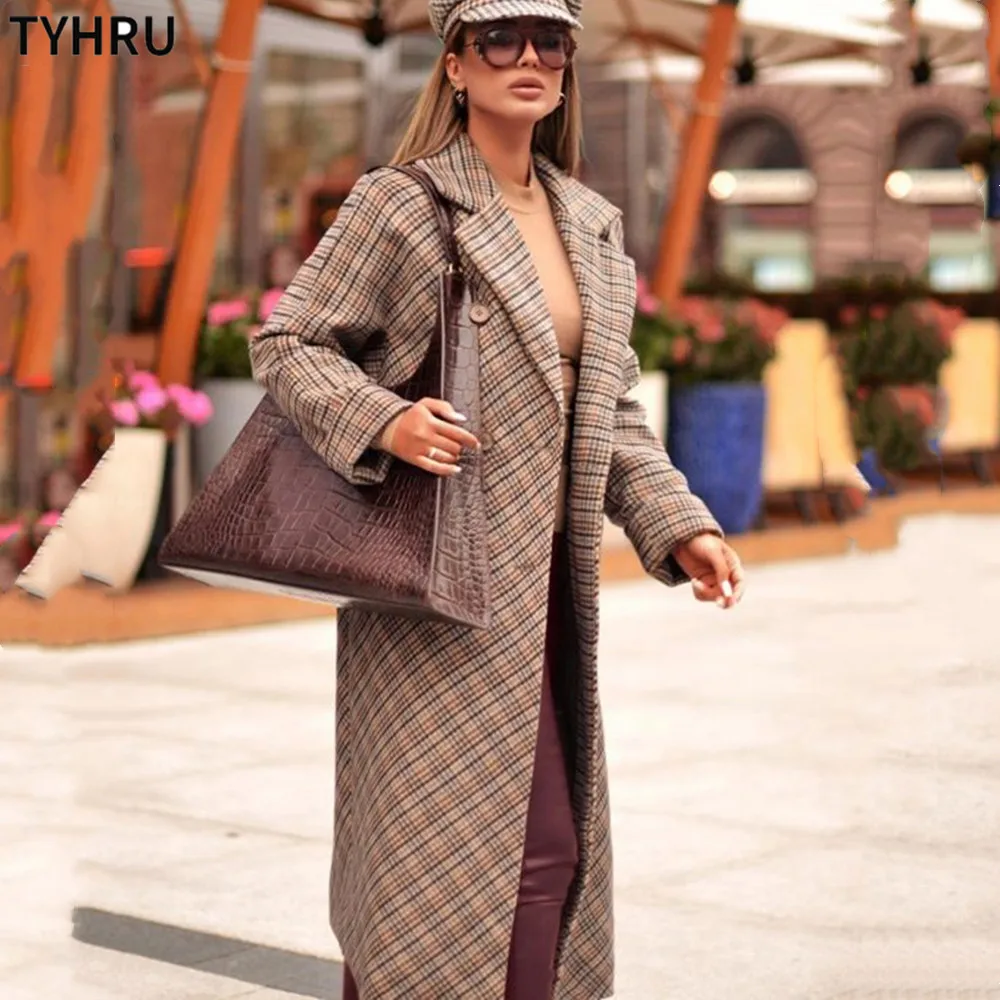 

TYHRU Women's Double breasted Plaid Jackets & Coats Belt Wool Coat Turn-down Collar Solid Color Pockets Parka Woolen Coat