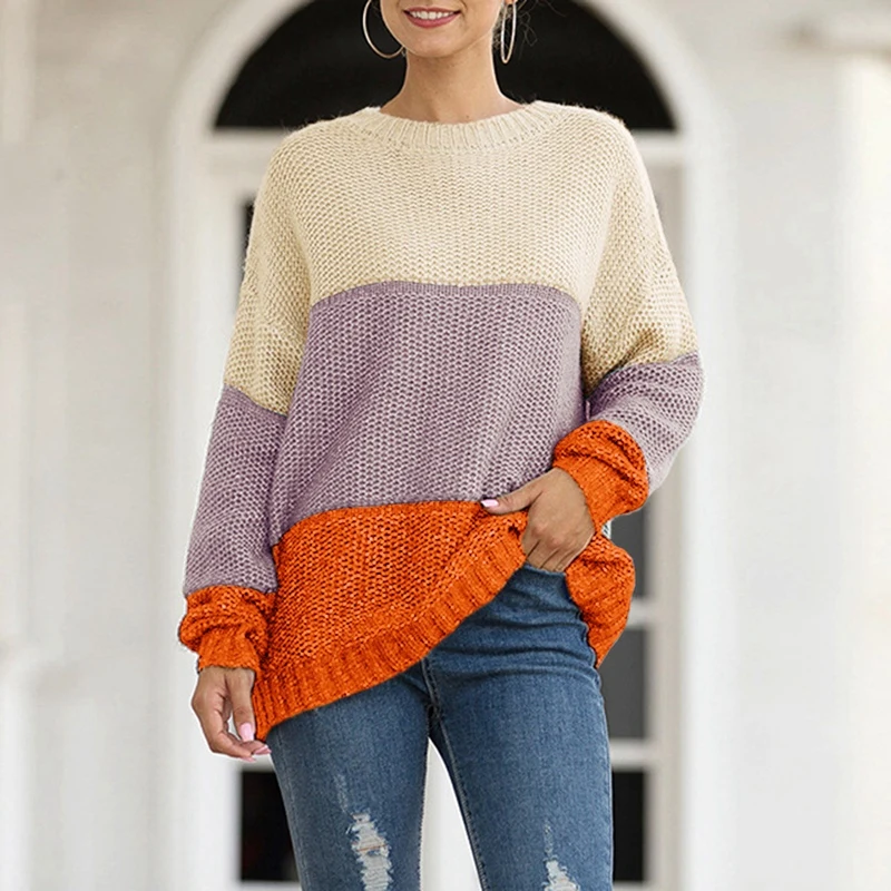 Модный пуловер в полоску с цветными блоками женский толстый свитер Дикий