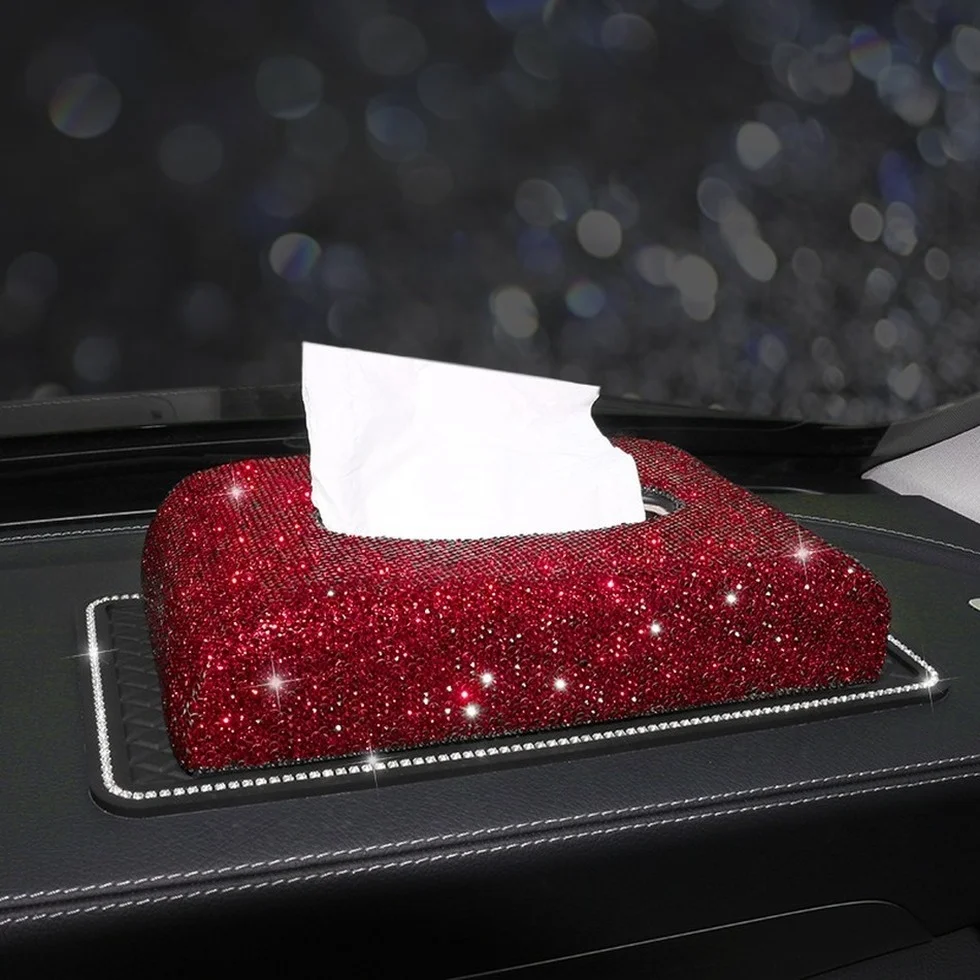 

New Bling Facial Tissue Box Holder Leather Crystals Rhinestone Paper Towel Cover Case Diamond Car Accesories for Woman Car Stuff