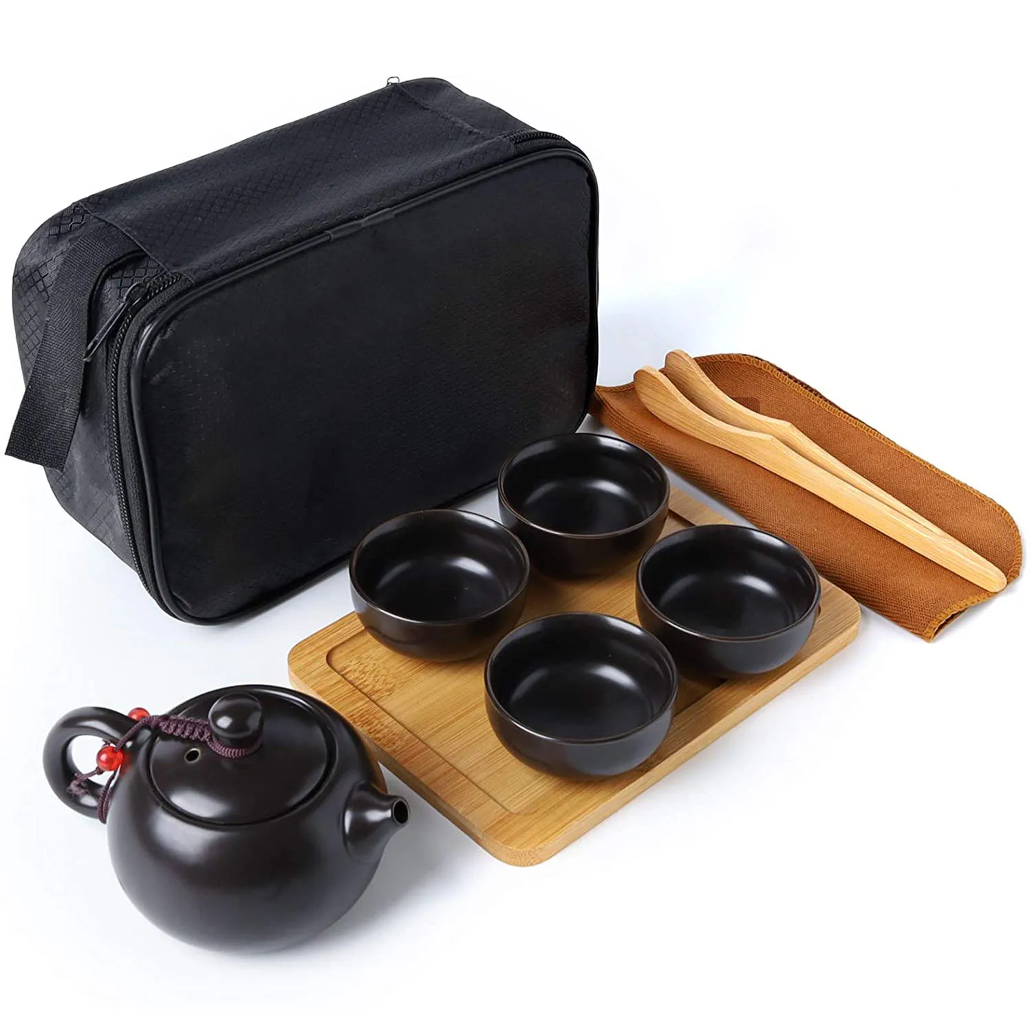 

9pcs Handmade Chinese Kungfu Gongfu Tea Set Porcelain Teapot/Teacups/Bamboo Tea Tray/Tea Clip/rag with A Portable Travel Bag