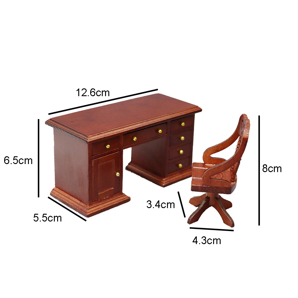 

2Pcs/Set 1/12 premium Wooden material Desk Computer Chair Furniture Model Toy Dollhouse Decor New Ideal gift for children like