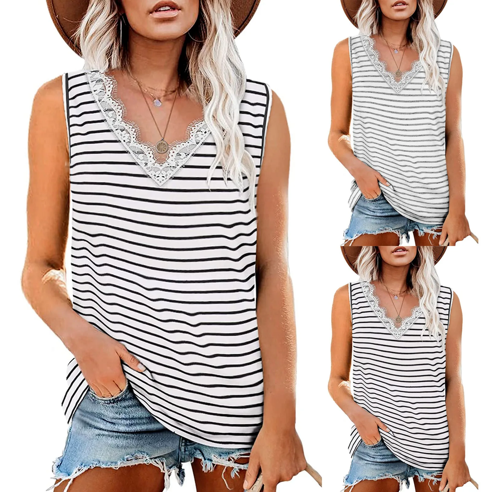 

59# Women Sexy Lace Splicing Deep V Neck Blouse Loose Stripe Printed Summer Shirts Ladies Casual Sleeveless Tank Top Vest