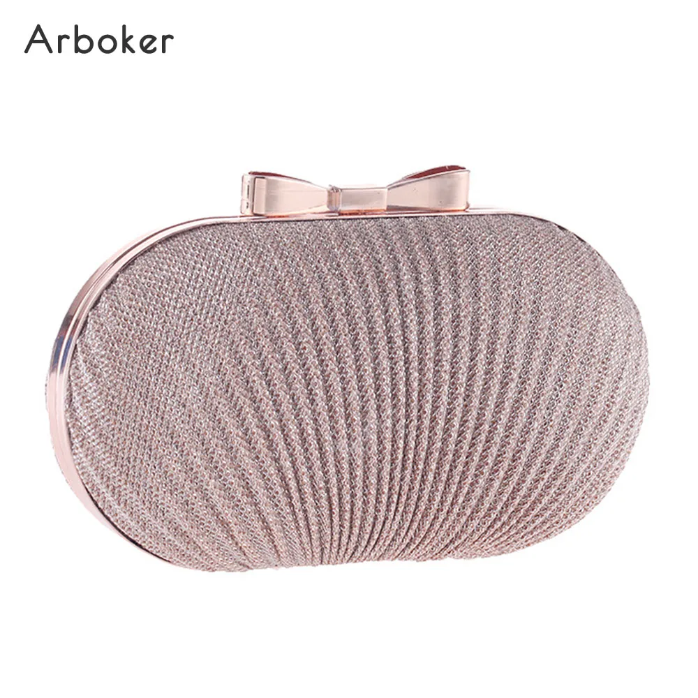 

Women Champagne Small Evening Bag Bow Hasp Day Clutch Chain Shoulder Handbag Oval Party Purse Female Wedding Cosmetics Hard Box